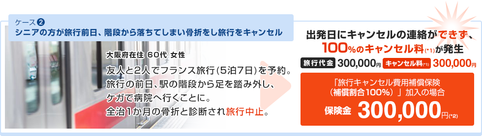 ケース2:シニアの方が旅行前日、階段から落ちてしまい骨折をし旅行をキャンセル